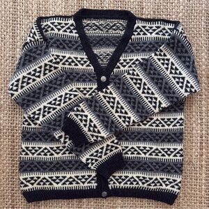 Vintage Black Gray Handmade 
Norwegian Geometric Wool Cardigan